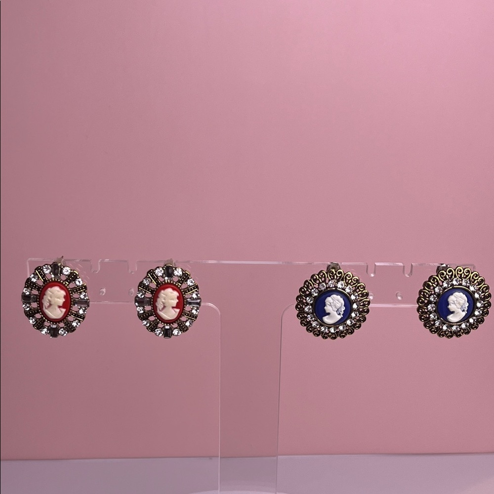 Vintage-Inspired Cameo Earrings - Blue and Red
